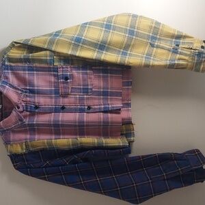 Better Be Colorful Plaid Patchwork Cropped Raw Hem Button Down Shirt Sz M